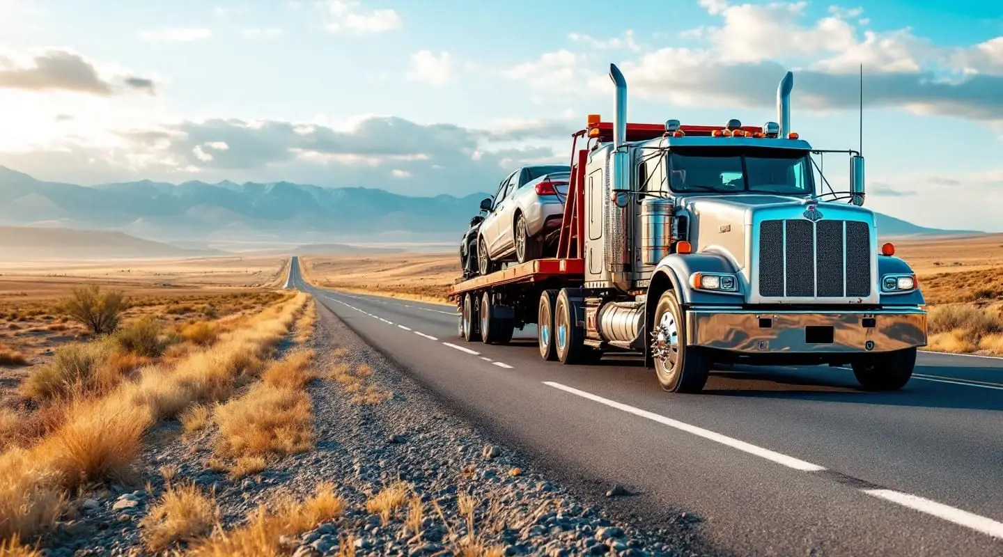 A professional flatbed tow truck transporting a sedan along a highway near Atlanta under a warm sunset sky.