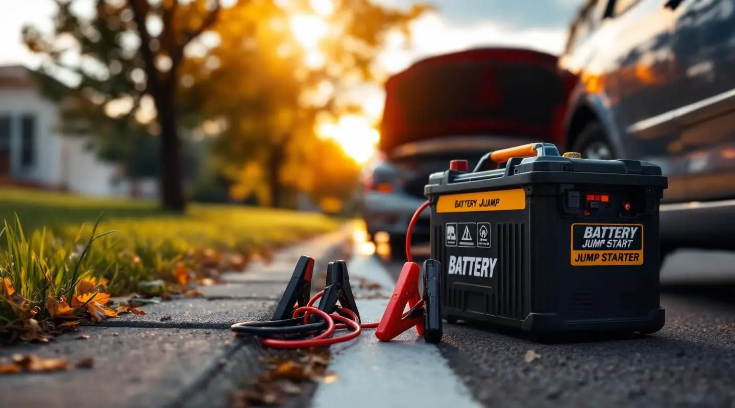 A Rapid Dispatch Towing technician using professional booster cables to jump start a stranded car at dusk in Atlanta.