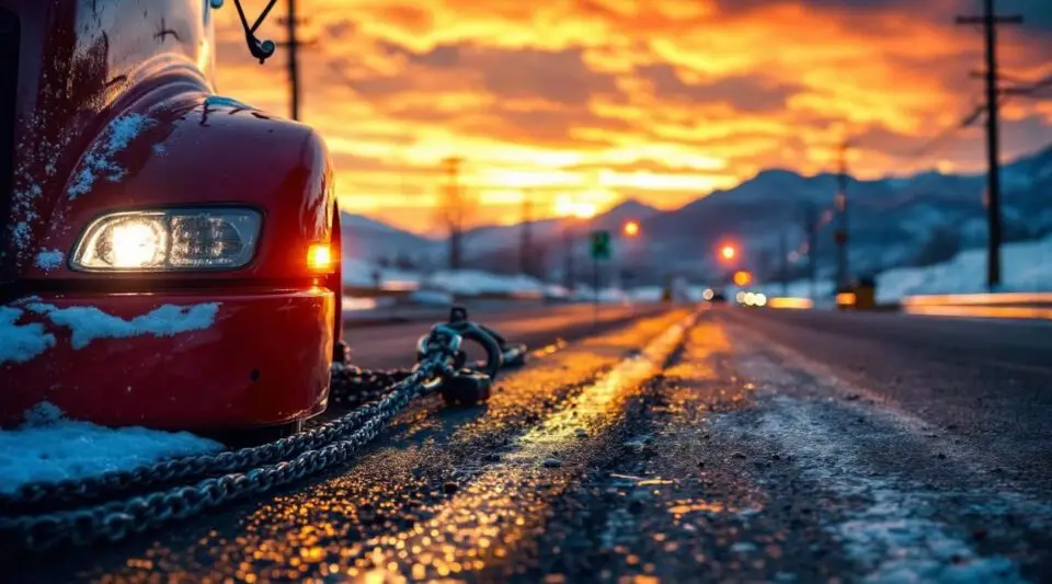 A flatbed tow truck loading a sedan on a downtown Atlanta street near Luckie Street under warm late afternoon light