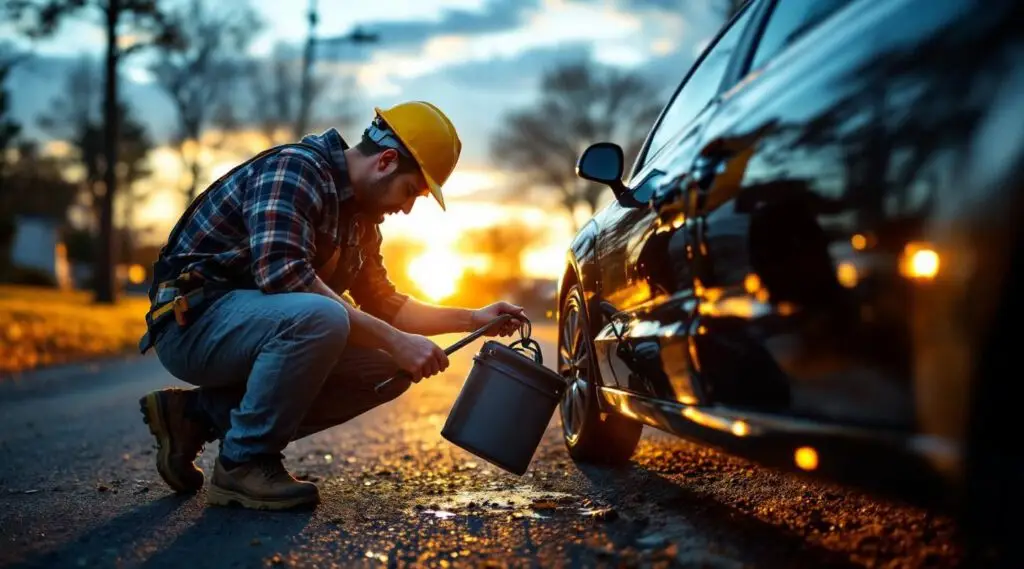A professional technician using specialized lockout tools to safely unlock a sedan in downtown Marietta.