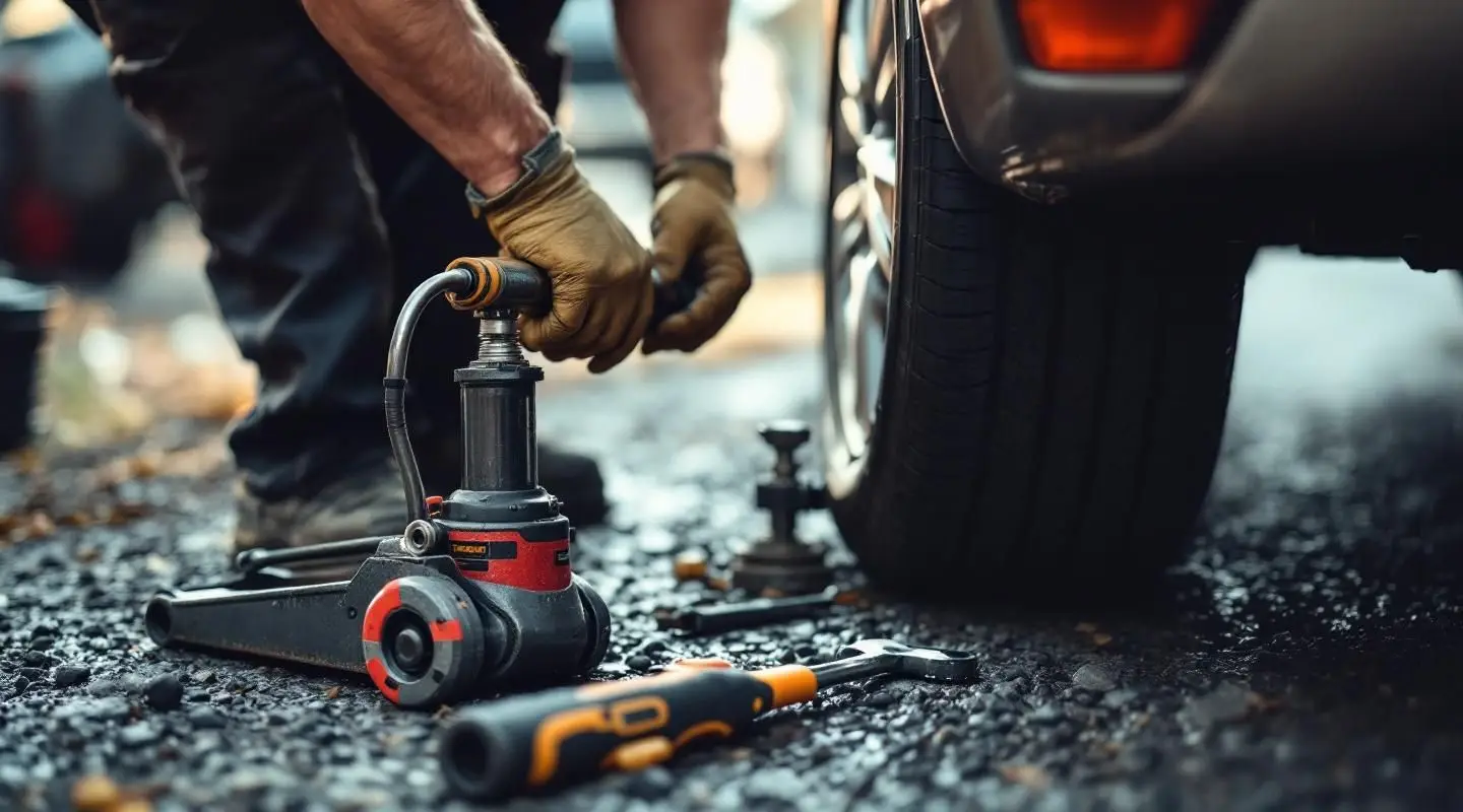 A roadside assistance technician changing a flat tire on a vehicle parked safely on the shoulder of an Atlanta highway.