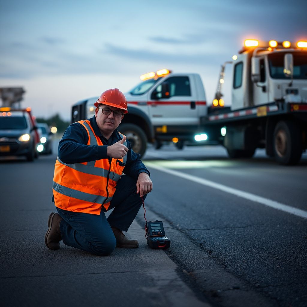 A tow truck operator in high-visibility safety gear securing a vehicle onto a flatbed truck under clear afternoon skies.