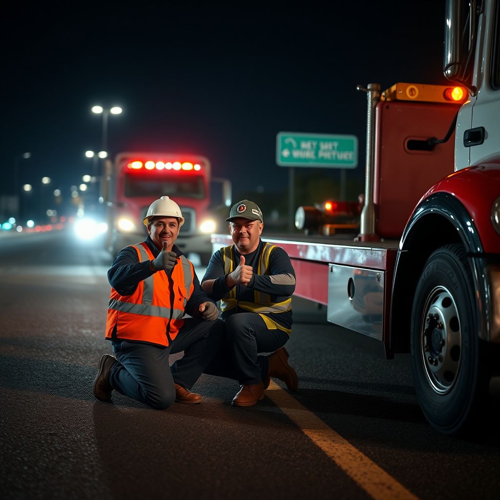 A professional tow truck operator in high-visibility safety gear securing a vehicle onto a flatbed tow truck