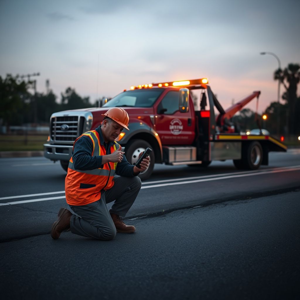 A clean flatbed tow truck parked near a residential neighborhood in Decatur, Georgia, ready for dispatch.